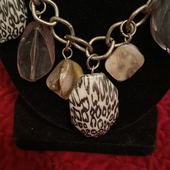 Brushed Chrome Metal Necklace with Patterned and solid beads and stones - Picture 2 of 3